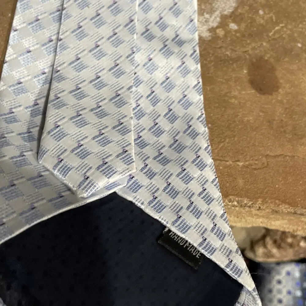 Kai Long Tie 100% Silk Blue Diamond Pattern Handmade